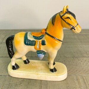Vintage Ceramic Painted Horse on Base w Saddle Figure Figurine Decor Japan 1960s